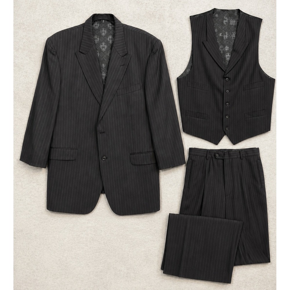 Vintage Phat Farm Suit Men 44 Gray Wool Pinstripe 3 Piece Pant 37x29 Vest Mexico